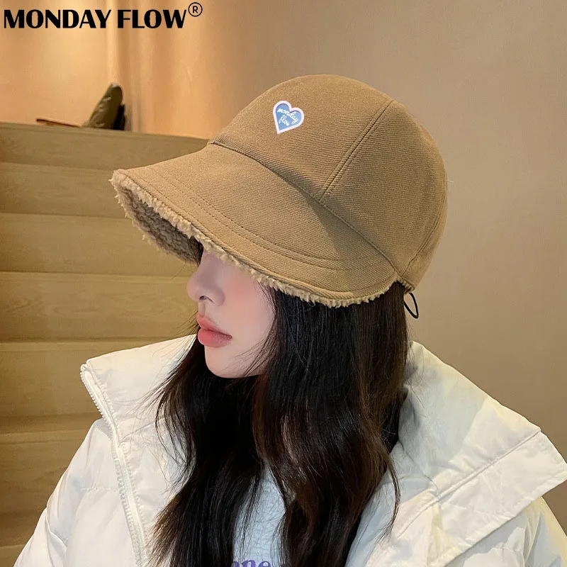 Monday Flow Winter Keep Warm Golf Bucket Hat for Women Lamb Wool Hat Solid Fleece Warm Fisherman Hats Female Casual Golf Caps