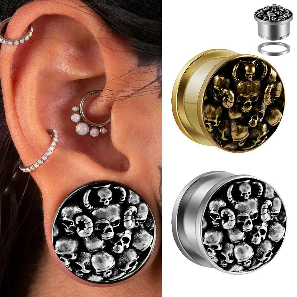 1PC Skull Screw Ear Gauge Plug Ear Tunnel Stainless Steel Expander Stretchers Earlobe Piercing Gauges Body Jewelry