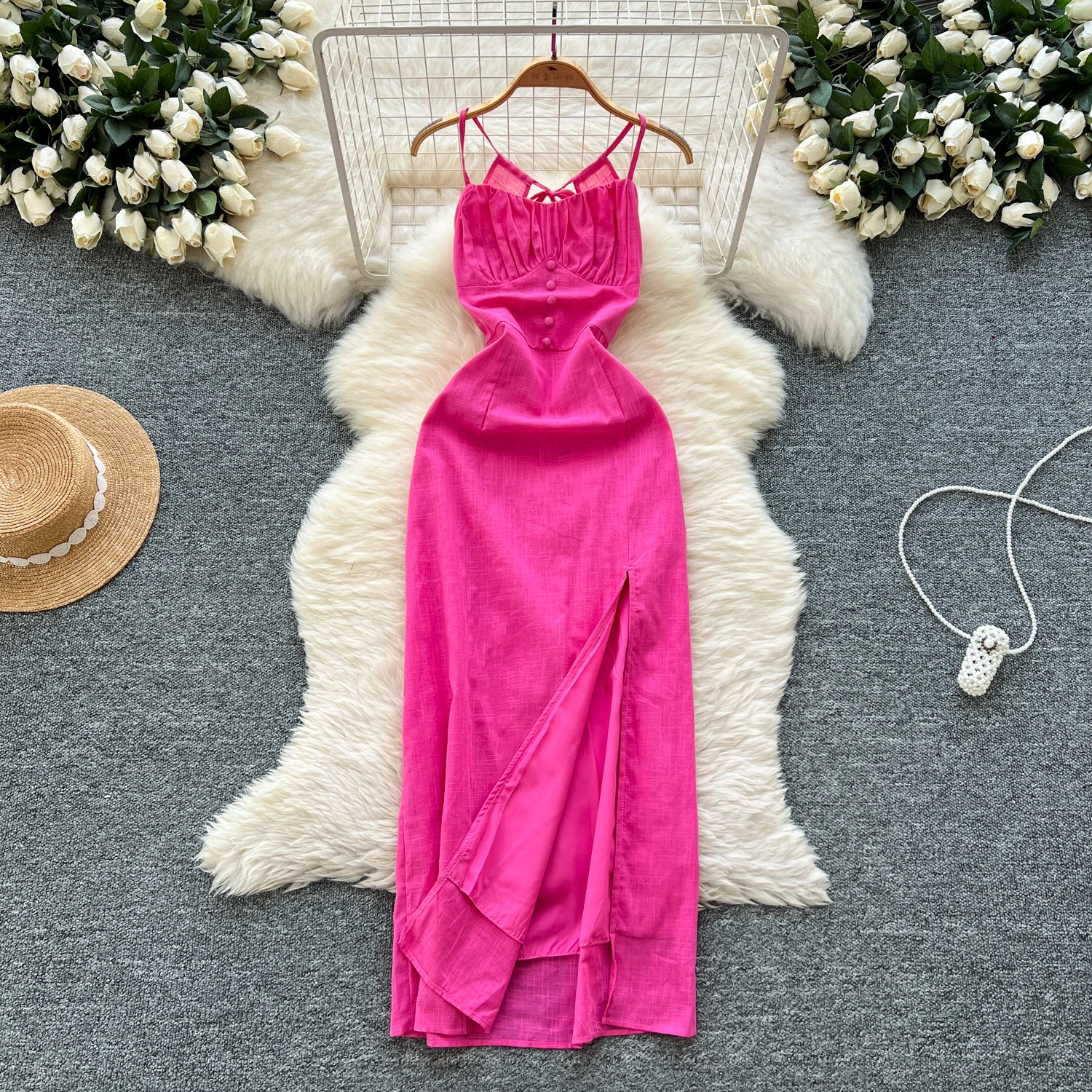 

ALPHALMODA 2025, New In, Hollow Backless, Halter Neck Sun Dress, for Women, High Split, Female Vocation Casual Dress