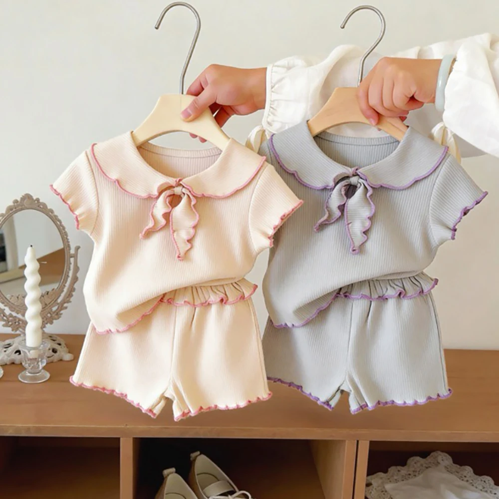 Girls Baby 2Pcs Peter Pan Collar Bow Short Sleeve T-shirts+Shorts Kids Outfit Suits Summer Thin Ribbed Knit Children Clothes Set