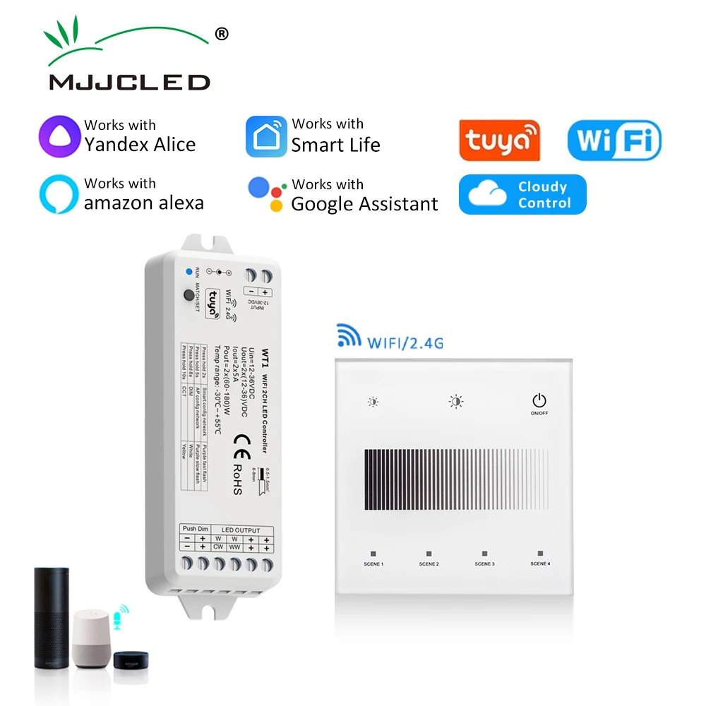 Controlador LED Tuya de 12V y 24V, atenuador Wifi inteligente WT1 de 2 canales para tira de luces WW CW, Control remoto de Panel táctil montado en la pared de 2,4G RF