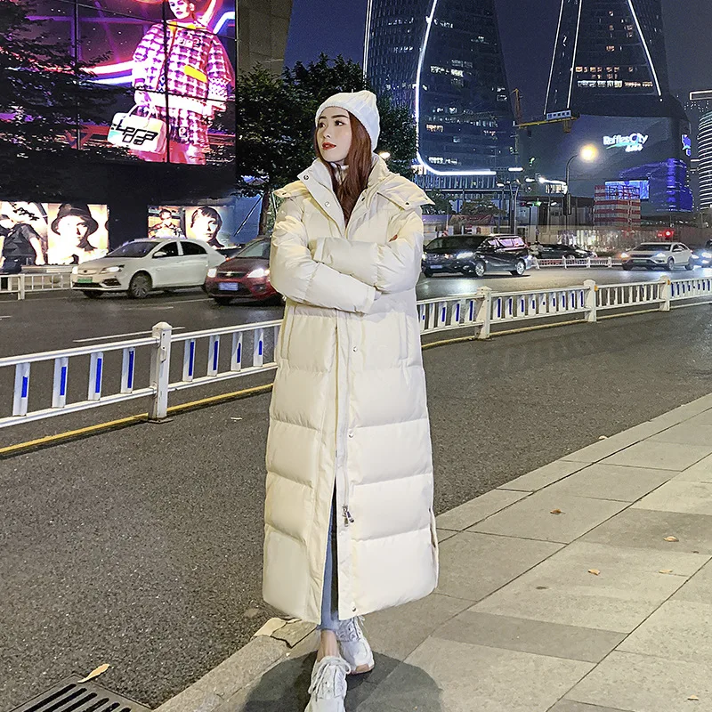 Jaqueta estendida e espessada para mulheres 2024 nova versรฃo coreana solta e elegante com capuz dividido inverno