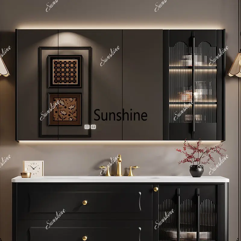 French retro smart bathroom, mirror cabinet wall-mounted, anti-fog bathroom, solid wood