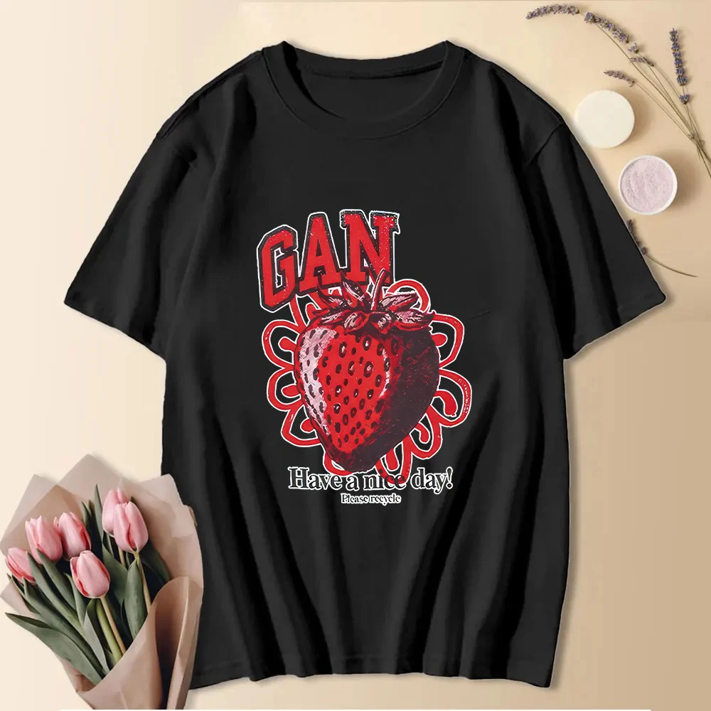 Strawberry Pattern Cotton T-shirt Women Men Alphabet Print Casual Tshirt Vintage Fashion Clothes Harajuku Summer Unisex T-shirts