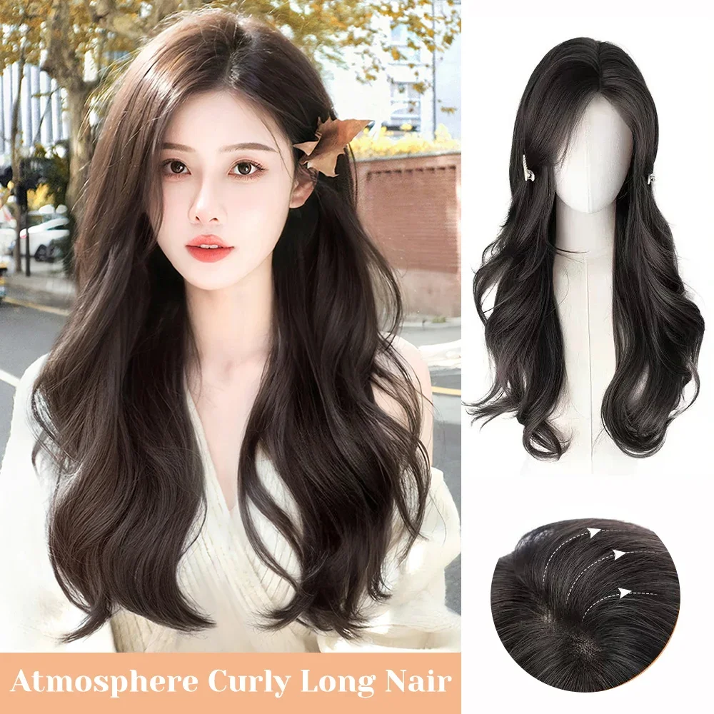 Wig sintetis berlapis lurus panjang alami Wig coklat untuk wanita Cosplay harian bagian tengah serat tahan panas