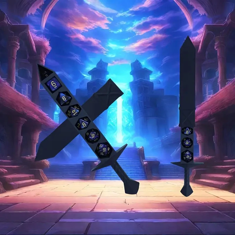 DND RPG TRPG 게임을위한 오지를 가진 3D 인쇄 된 칼 모양의 저장 상자 주사위 DND 게임 역할 주사위 홀더 데스크탑 장식 저장 보