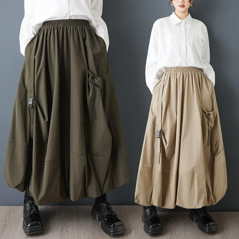 Women Japanese Style Cargo Skirt Original Design Irregular Hem Big Pockets High Waist Elastic Waist Casual Versatile Skirt
