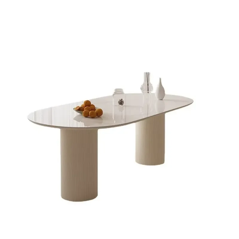 Milky Cream Wind Oval Restaurant Light Rock Slab Roman Column Home Dining Table