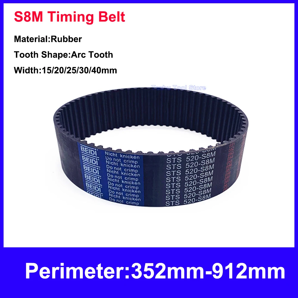 1PCS S8M Timing Belt Perimeter 352mm-912mm Black Rubber Closed Loop Synchronous Belt Width 15/20/25/30/40mm