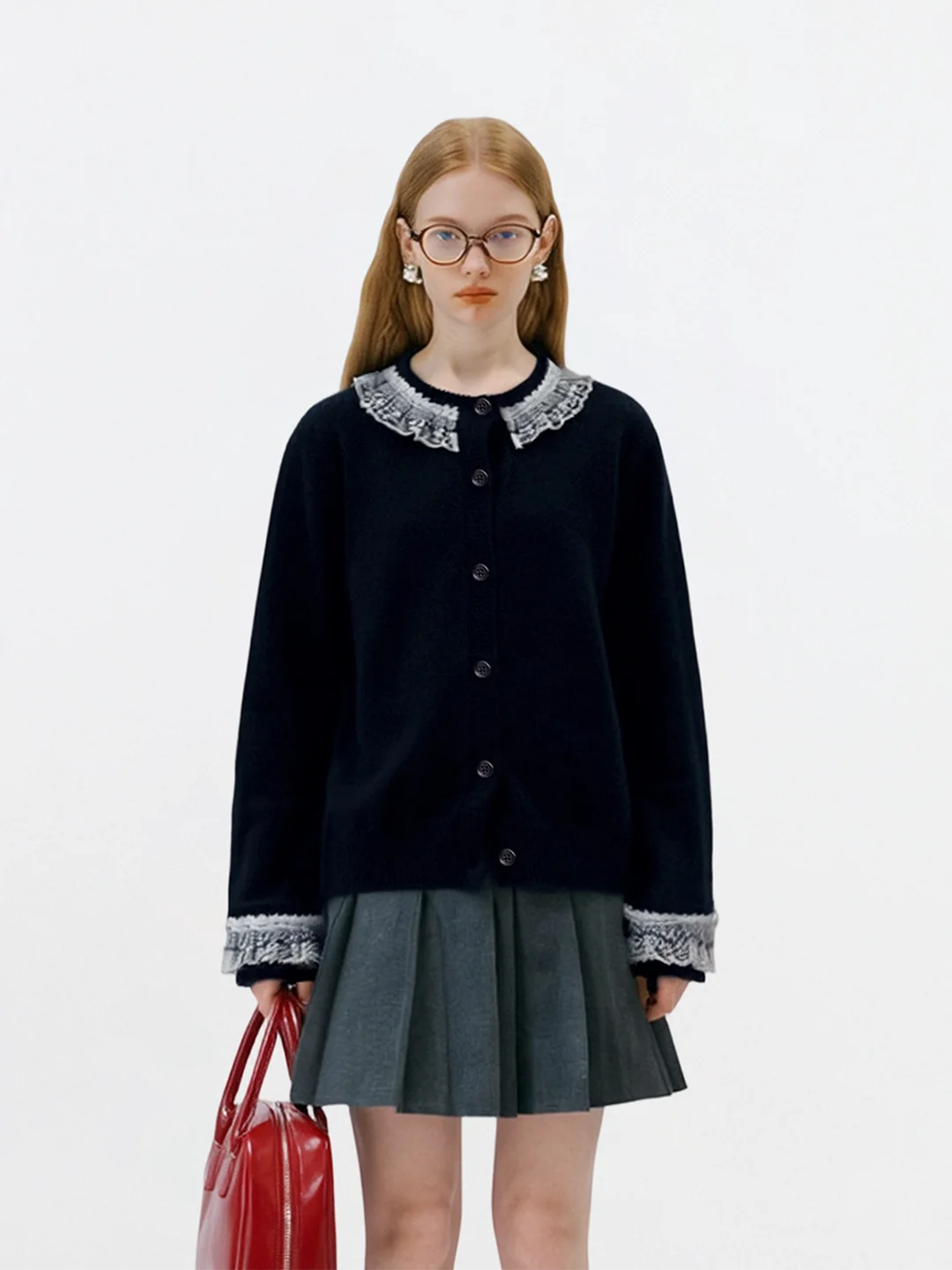 

AHMI Lace Decorated Knitted Sweater round Ne Long Sve Girl's Faion Vintage Sle Daily Wear Open Cardigan Knitwear