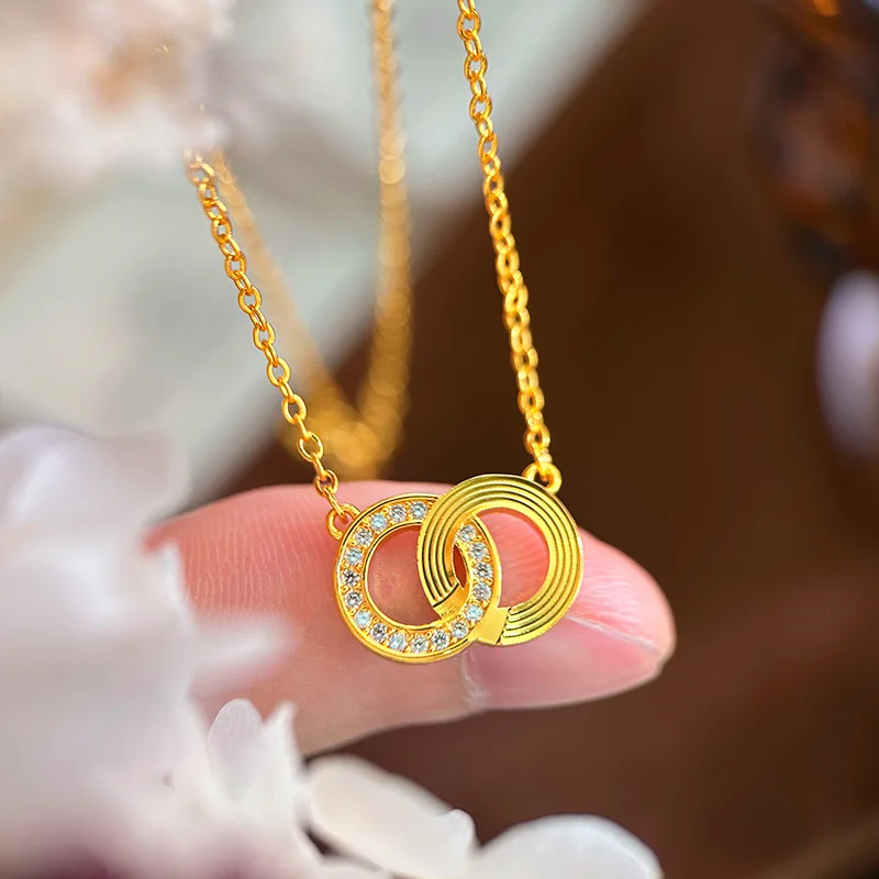 

9999 24K Real Gold Sparkling Diamond Interlocking Necklace Women's Clavicle Chain High-end Light Luxury Niche Necklace