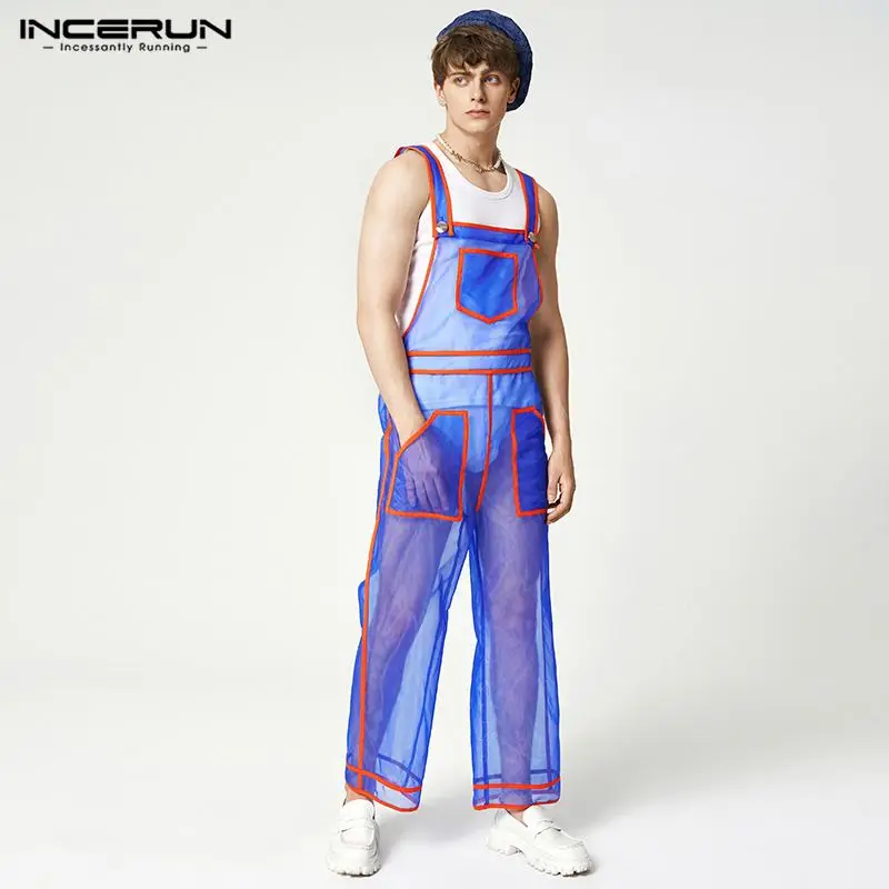 INCERUN Men Jumpsuits Mesh See Through Sexy Patchwork Pockets Sleeveless Straps Rompers Streetwear 2023 Fashion Men Overalls 5XL