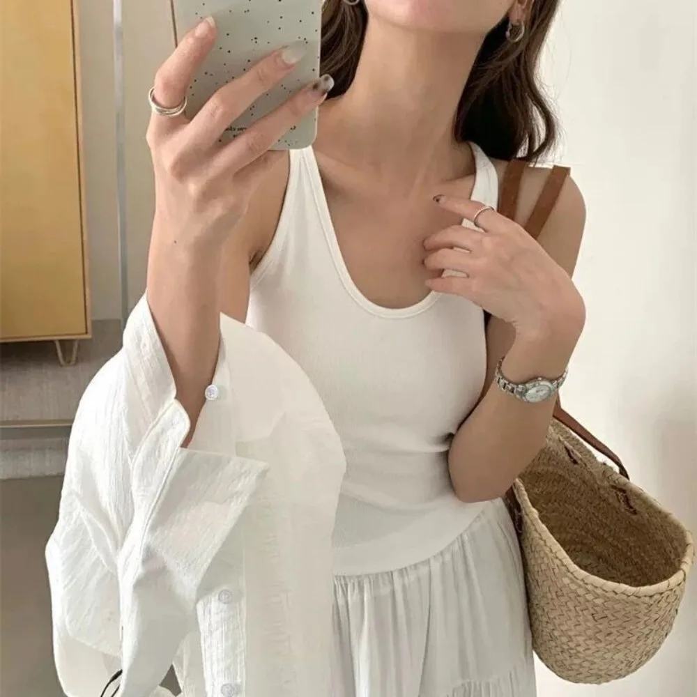 Korean Style with Chest Pad Strap Vest U-Neck Solid Color Backless Sleeveless Top Slimming Women Camis Summer