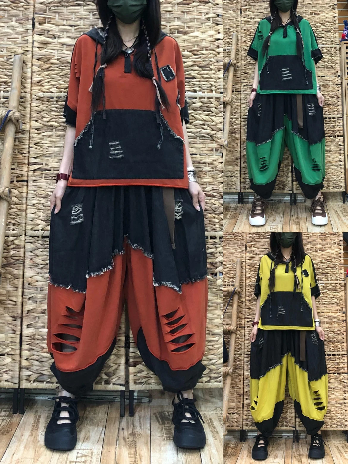 

Casual Harajuku Style Denim Color Block T-Shirt Hooded Loose Women's Summer Fashion Set with Harlan Pants Vintage Cotton Blend