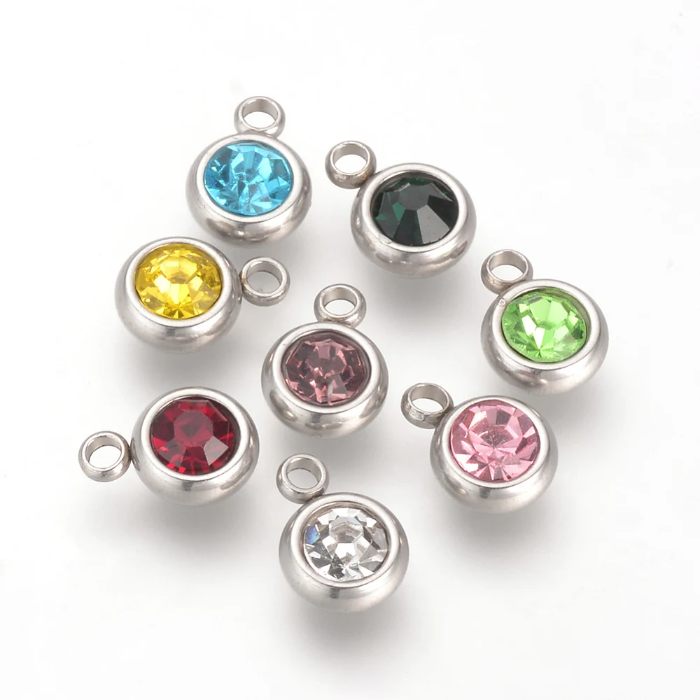 20 Pc Birthstone Pendant Charms 201 Stainless Steel Rhinestone Birthstone Charms Flat Round Rhinestone Charms for Women