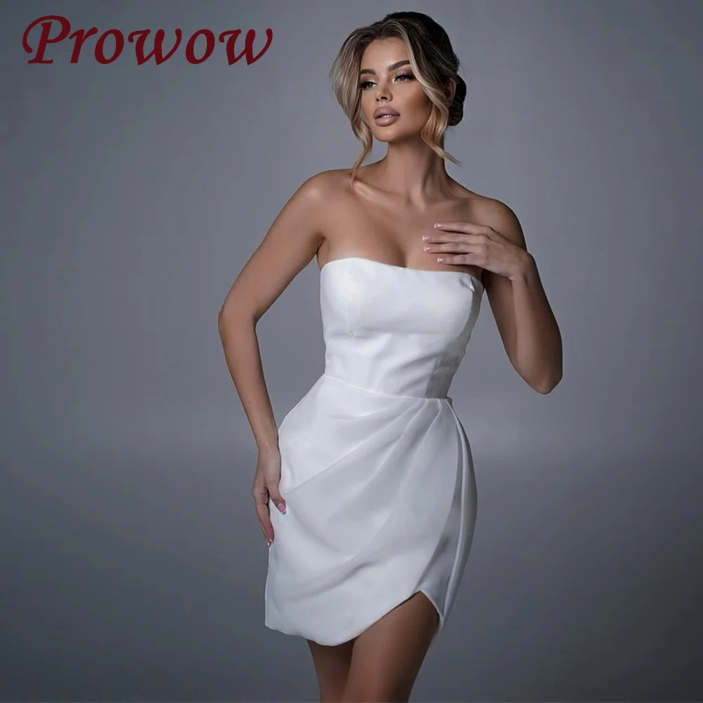 

Prowow Simple Strapless Short Wedding Dresses Sleeveless Pleat Asymmetrical Mini Bridal Gowns Customized Lace-up Back