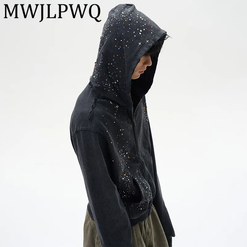 

MWJLPWQ Rhinestone Metal Design Hooded Sweatertshirts Male New High Street Long Sleeve Zipper Hole Niched Men's CausalTops 11864
