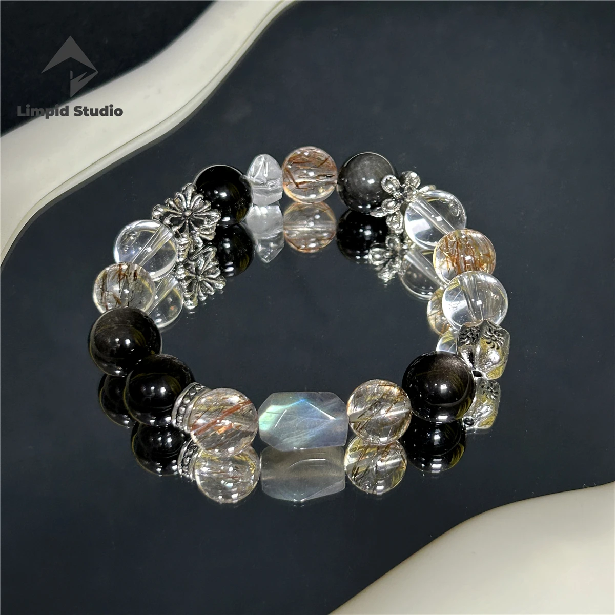 

Rutilated Quartz Labradorite Design Beaded Bracelet Women Seven Chakra Clear Quartz Healing Stones Natural Stone Fashion