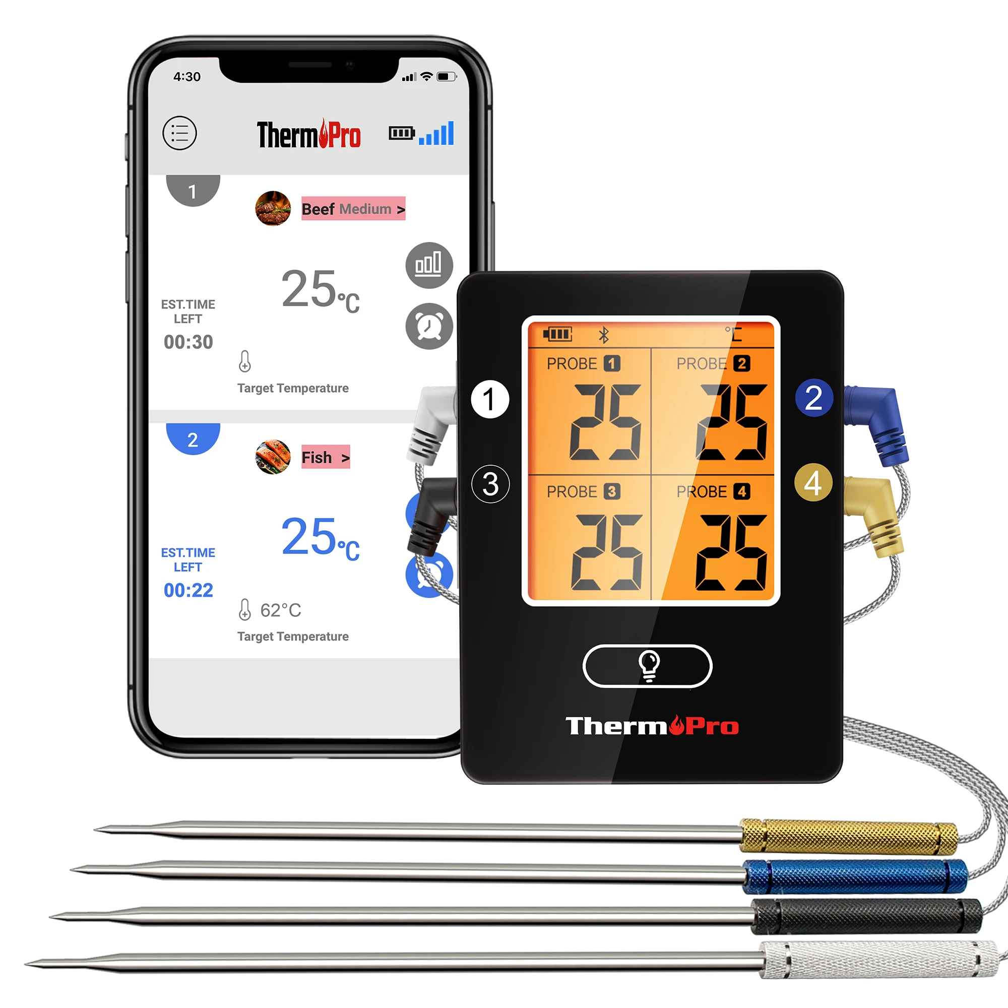 termometro-per-carne-ricaricabile-thermopro-tp-25-con-4-sonde-wireless-bluetooth-portata-650ft-per-griglia-affumicatore-forno-cucina-bbq