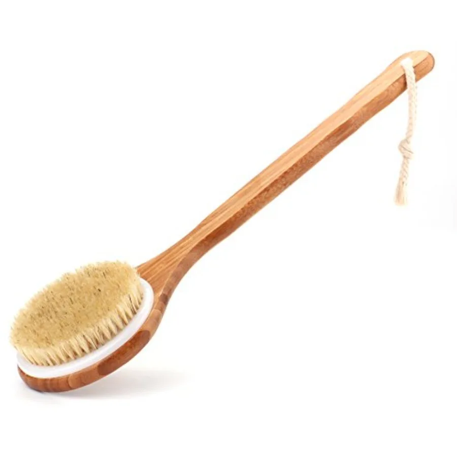 Shower Brush with Natural Bristle - Long Bamboo Handle Bath Body Brush for Wet or Dry Brushing - Improves Blood Circulation, Ex