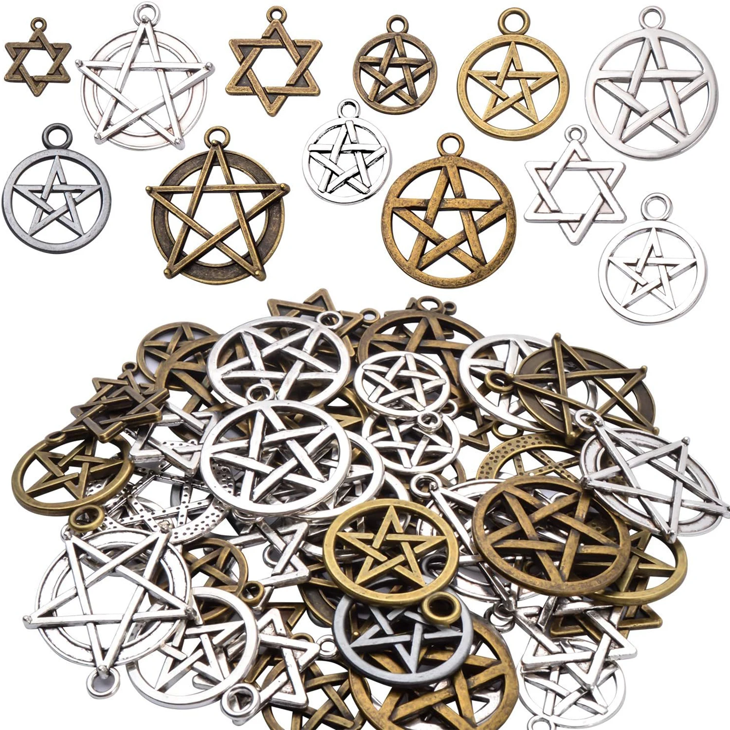 

48pcs Mixed Pentagram Charms Round Star Pentacle Pendants Antique Jewelry Accessories for Necklace Bracelet Crafting