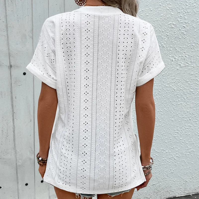 Women's Casual White Eyelet Embroidery Notched Neck Batwing Short Sleeve Top, Semi-Sheer Boho Blouse for Summer