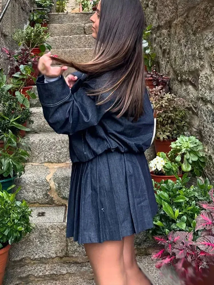 HH 2025 Women's Fashion Denim Jacket Casual Jacket Set Summer High Waist Pleated Mini Skirt 2-Piece Set Women's Streetwear