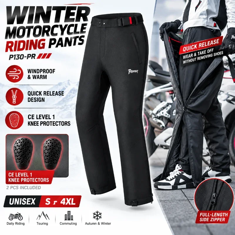 P130-PR Winter Motorcycle Riding Pants Men Women Windproof Warm Quick Release Motorbike Pants  Level 1 Knee Protectors