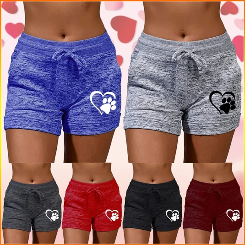 Summer heart-shaped printed women's quick drying shorts yoga pants casual sports high waisted drawstring elastic shorts fitness