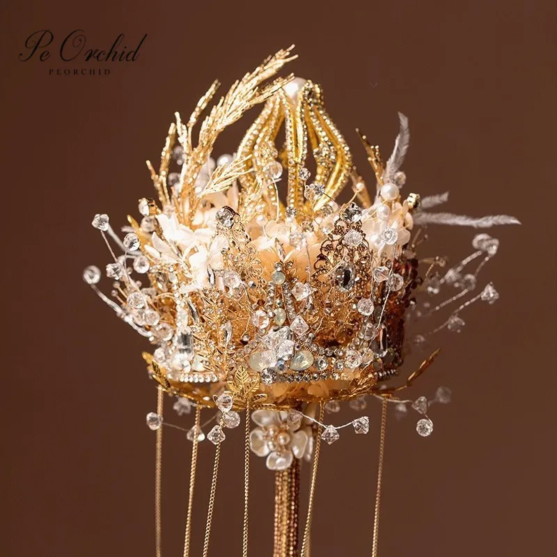 PEORCHID Luxury Golden Crown Scepter Bouquet Wedding Gothic Queen Scepter Feather Brooch Jewelry Bouquet Bride Holding Flowers