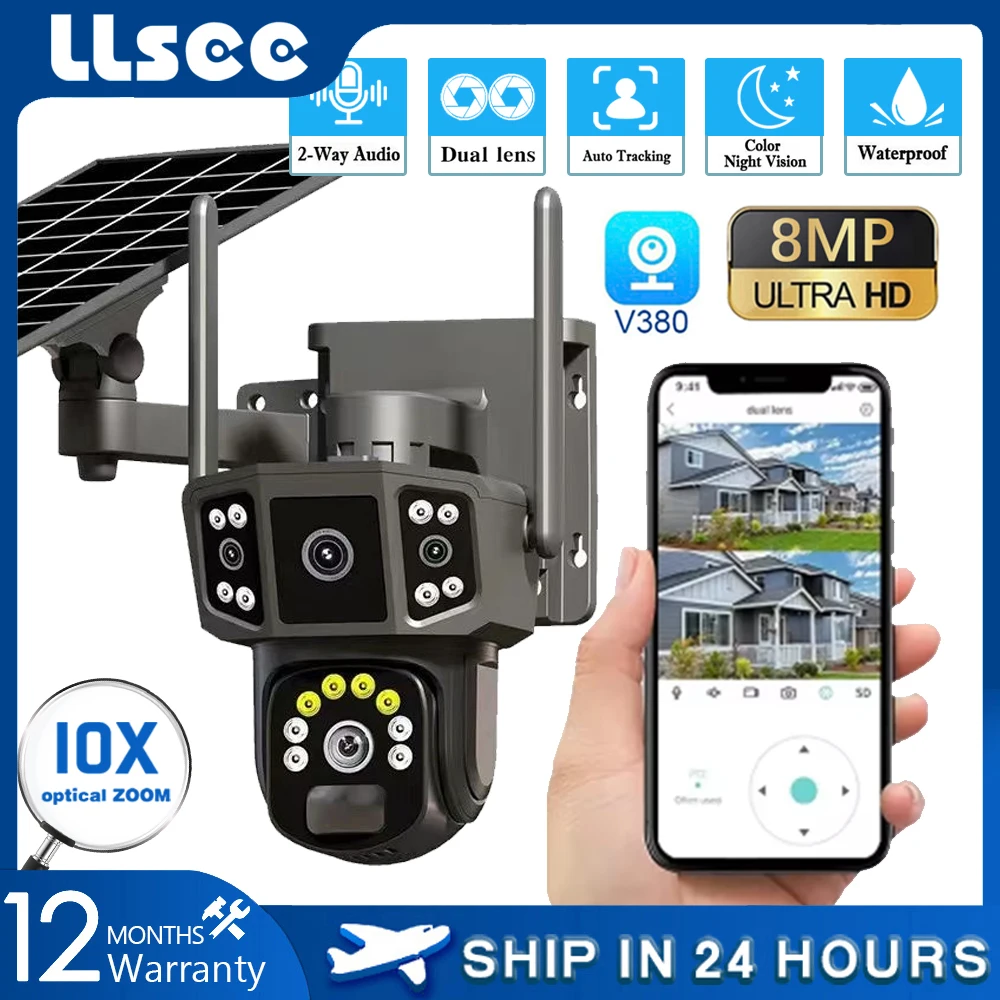 LLSEE V380,outdoor security IP camera,4K dual lens,10X,wireless WIFI solar closed-circuit television,4G sim solar camera,CCTV