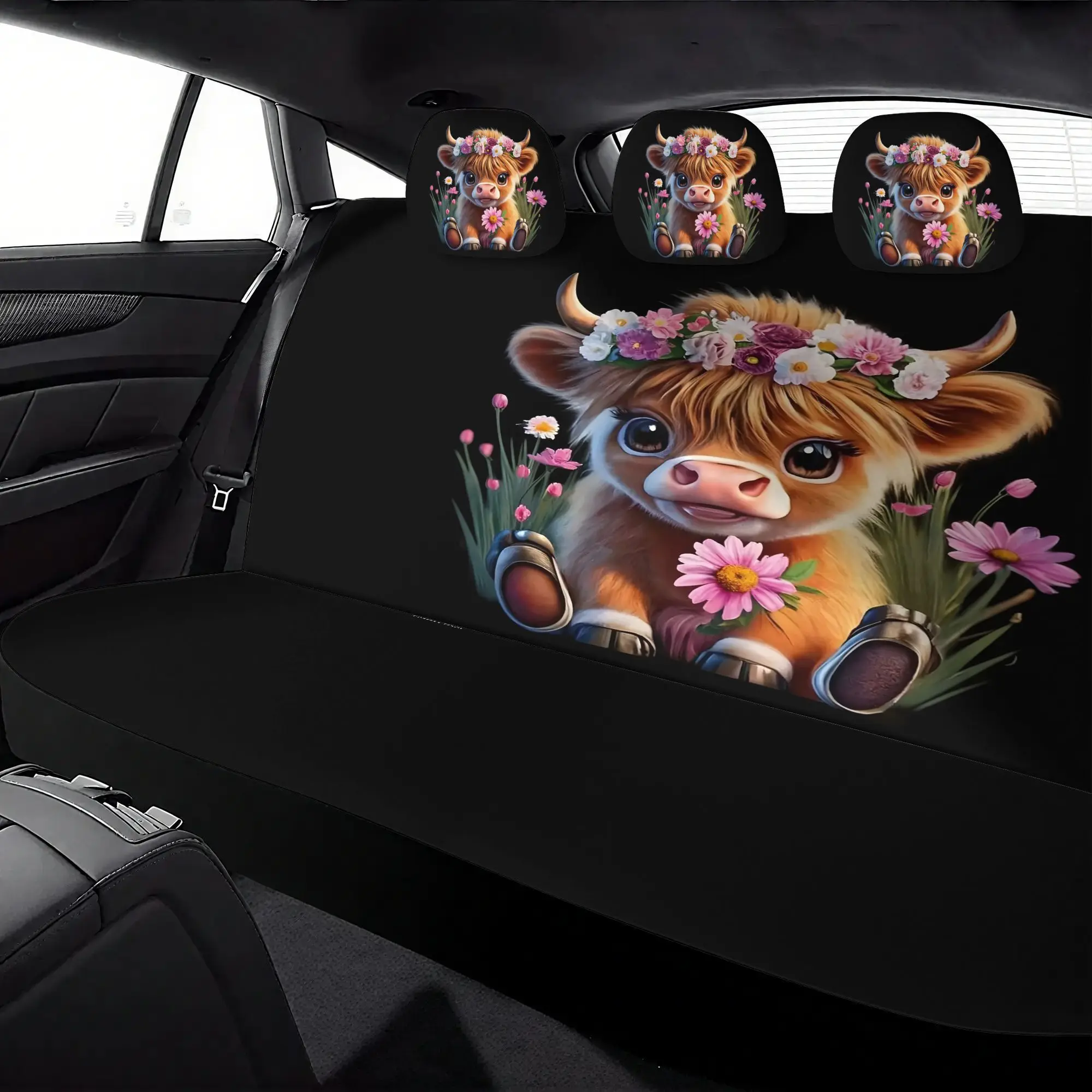 7pcs Cute Flower Wreath Highland Cow Print Car  Cover Set Includes: 2 Front  Covers,