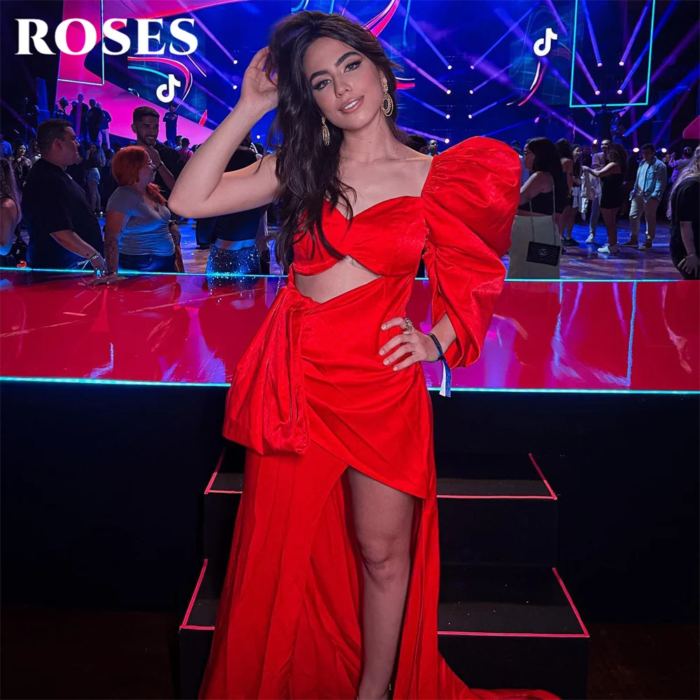 

ROSES One Shoulder Stain Prom Dress Gowns Red Sweetheart Celebrity Gowns With High Split Wedding Party Dress вечерние платья