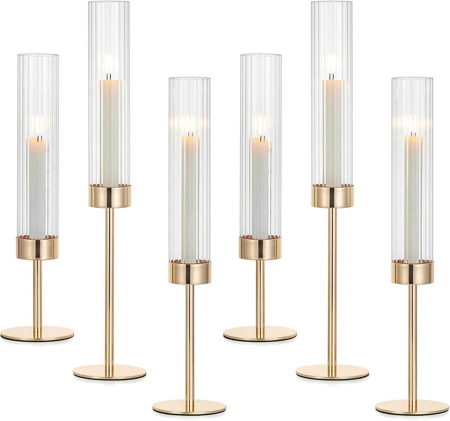 

Set of 6 Gold Taper Candle Holders with Hurricane Glass for Wedding Party Christmas Table Decor