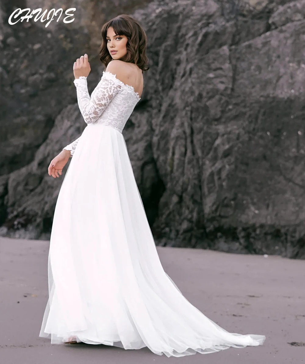 

Vestido de novia White Lace Long Sleeves Customized Свадебное платье Wedding Dresses A Line Pleated Plus Size Tulle Bridal Gowns