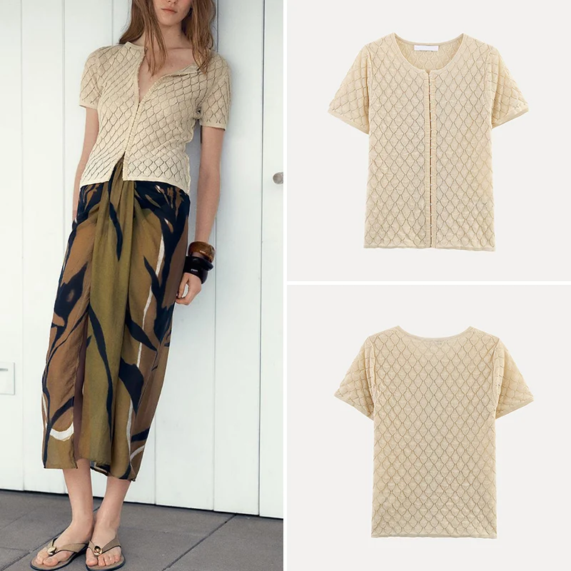 

Spring 2025 Women's Fashion Textured round Neck Short Sleeve Knitted Jacket Simple Street Style Polyester Fiber Regular Length