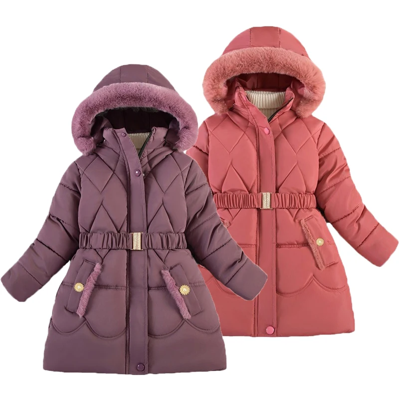 

Teen Girls Fashion Jacket Winter Long Style Solid Color Lining Plus Velvet Thick Warm Hooded Coats For 5-10Y Kids Cotton Outwear