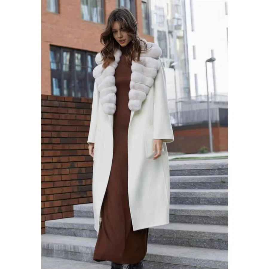 Cappotti di lana da donna Cappotto di vero cashmere con colletto di coniglio Cappotti lunghi bianchi da donna Nuovo arrivo