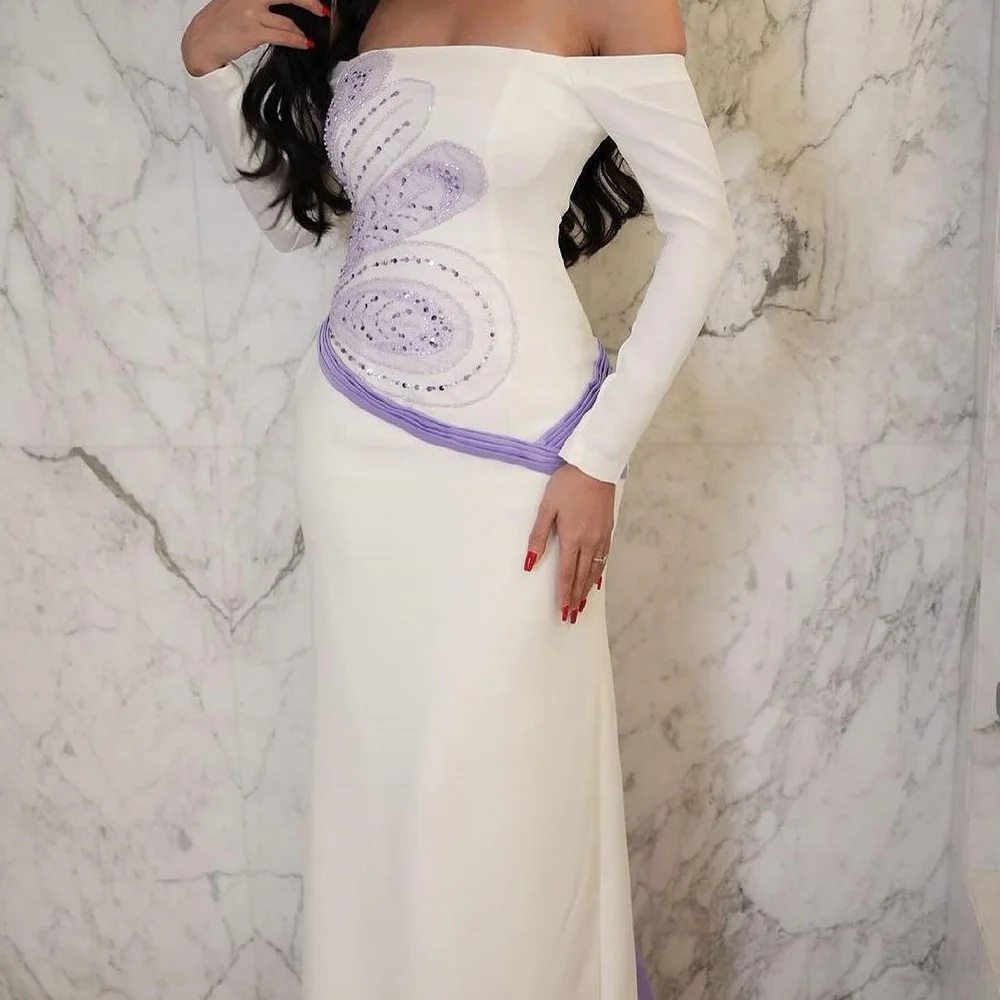 

Customized Delicate Straight Floor Length Strapless Jersey Long Sleeves Crystal Evening Dress Elegant vestidos para mujer