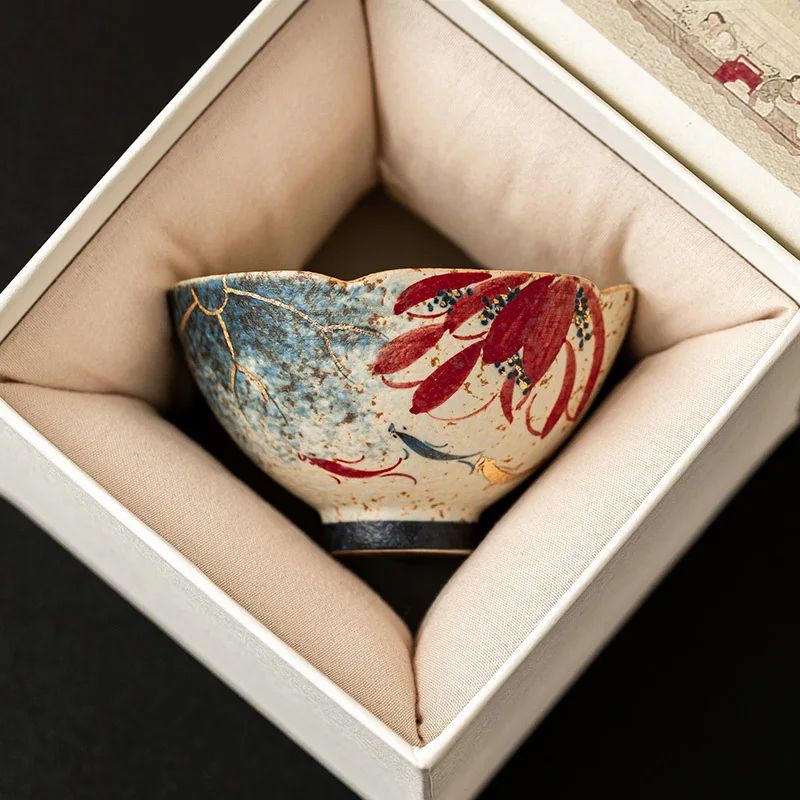

Blue White Flint Red Ceramic Tea Cups with Gold Painting Hand Painted Lotus Rhyme Koi Carp Bamboo Hat Sunflower Tea Tasting Cups
