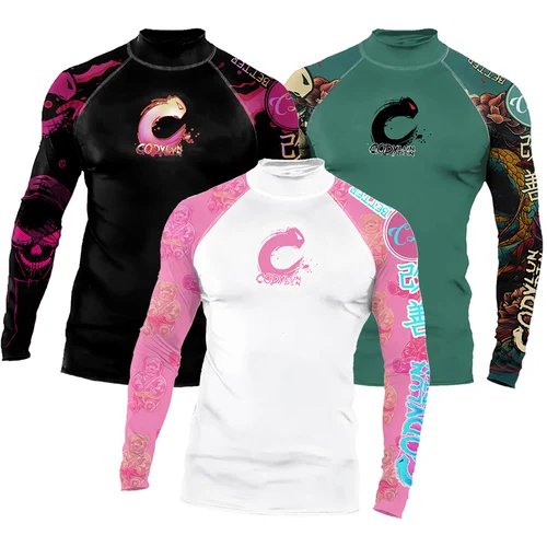 Imagen 2 del producto Pareja de alta elasticidad UPF 50+ manga larga protector contra sarpullidos hombres camisa de Surf de secado rápido protección solar traje de baño para nadar deportes de playa