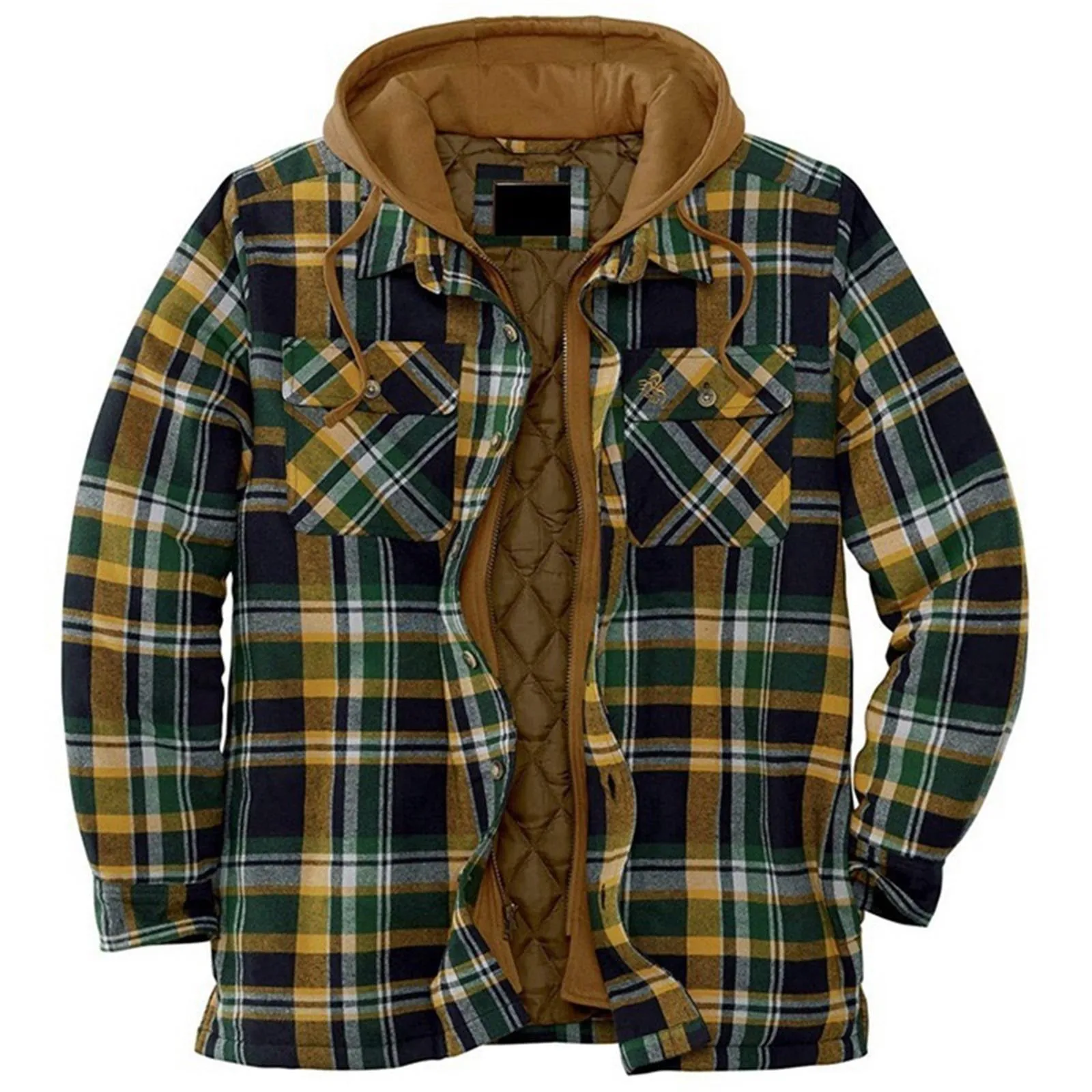 Men's Hooded Quilted Lined Fleece Shirt Jacket, Long Sleeve Plaid Button Up Jackets Autumn and Winter Thick Coats casual jacket