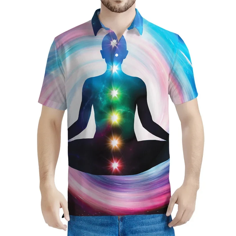 Classic Chakras Of The Universe Pattern Polo Shirt 3D Printed Button T Shirts For Men Summer Short Sleeve Plus Size Tees Tops