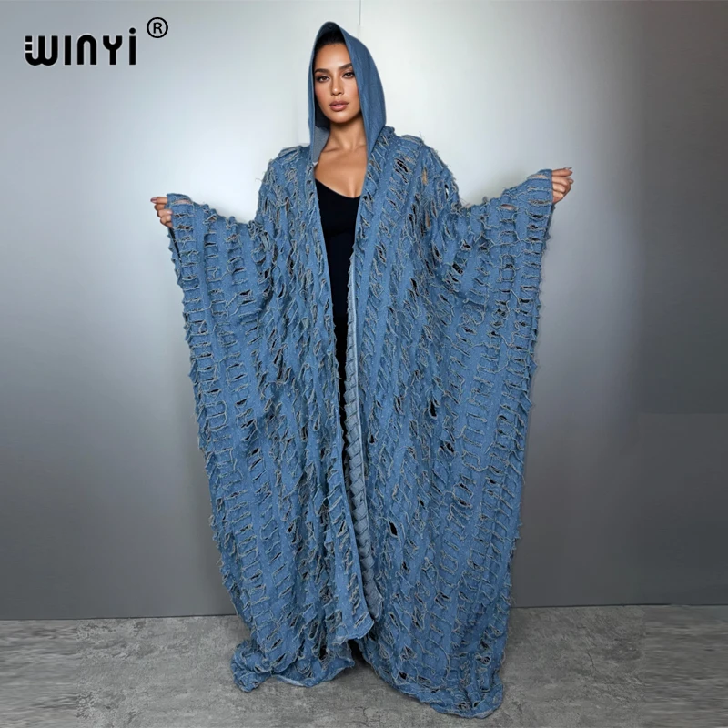 WINYI Africa Broke Hooded denim cardigan for women fashion Hollow  long down coat swimsuit cover up Make an old hole  kimono