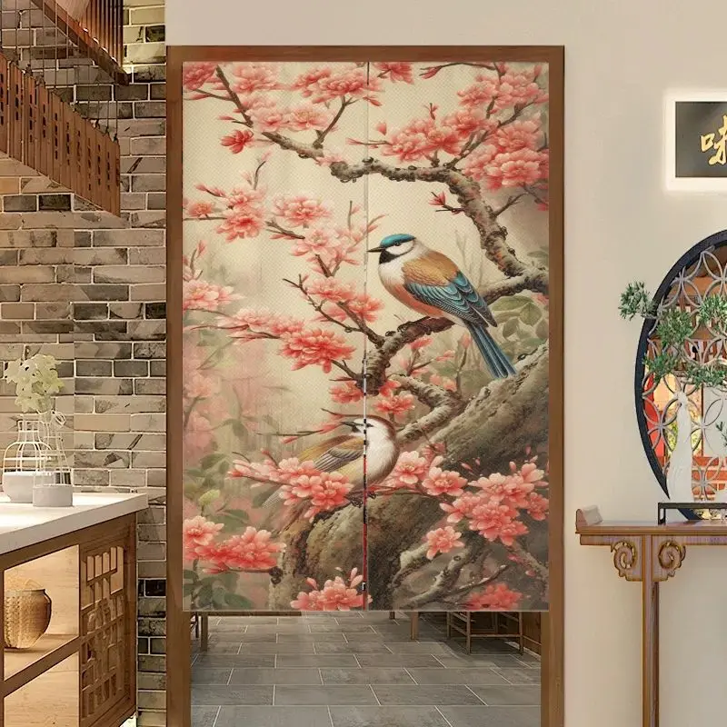 VIKAMA Japanese Noren Door Curtain Sakura Flower Bird Oriental Ink Landscape Bedroom Kitchen Partition Decor