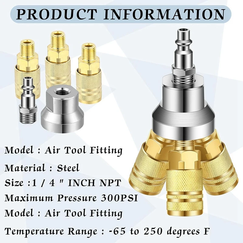 3 Way Air Manifold Splitter Air Compressor Parts 4 Port Industrial Outlet Cord With 3 Steel Couplers And 1/4 Male NPT Plug