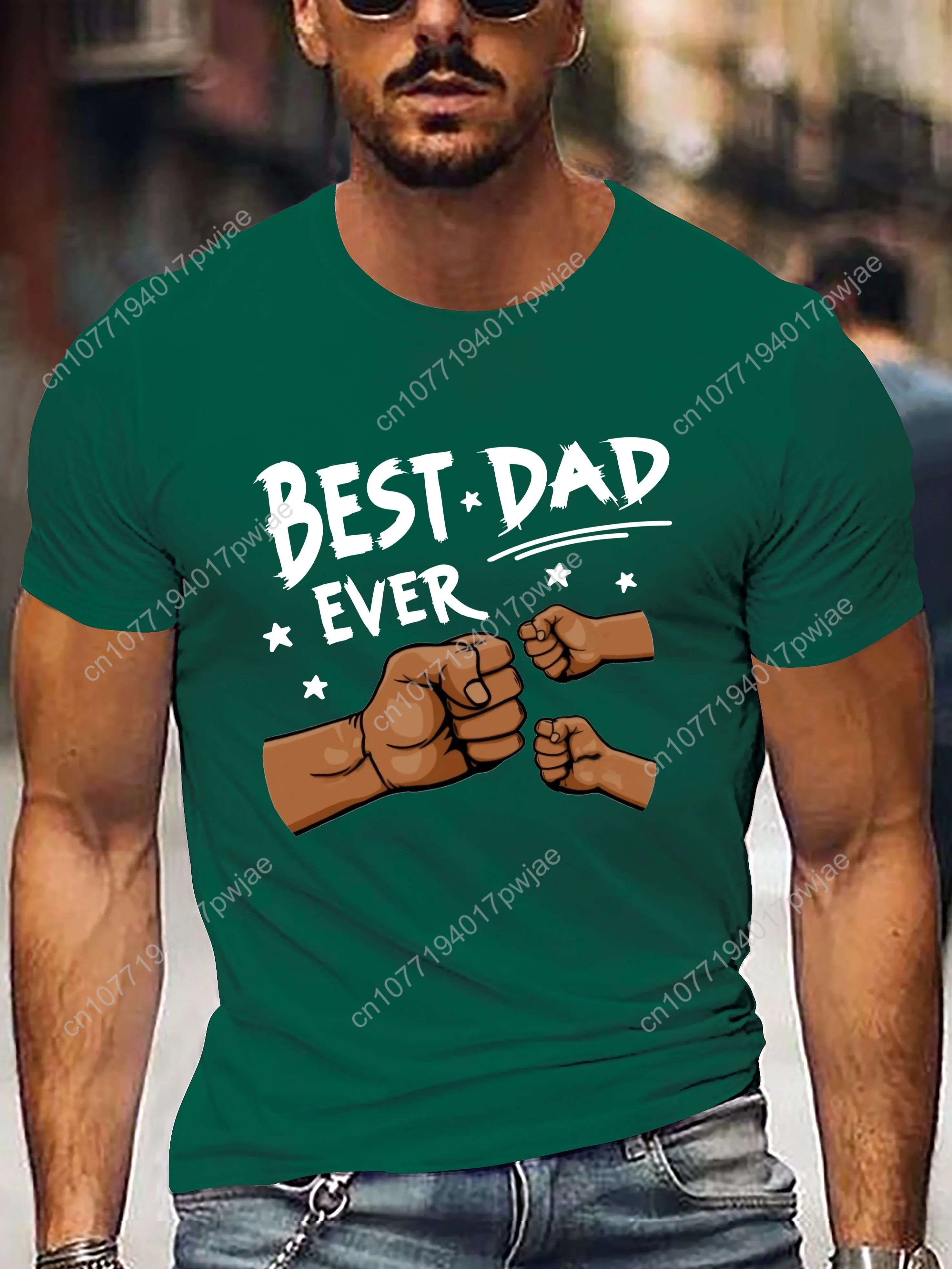 

Men'S "Best Dad Ever" Graphic T-Shirt - Casual Short Sleeve, White with Black Fist Design, Perfect for Father'S Day or Everyday