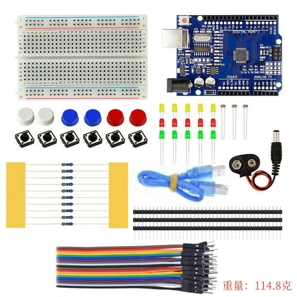 Uno R3 Development Board Learning Kit - Includes Button, Resistor Pack, Led, 400-well Breadboard, and Component Kit