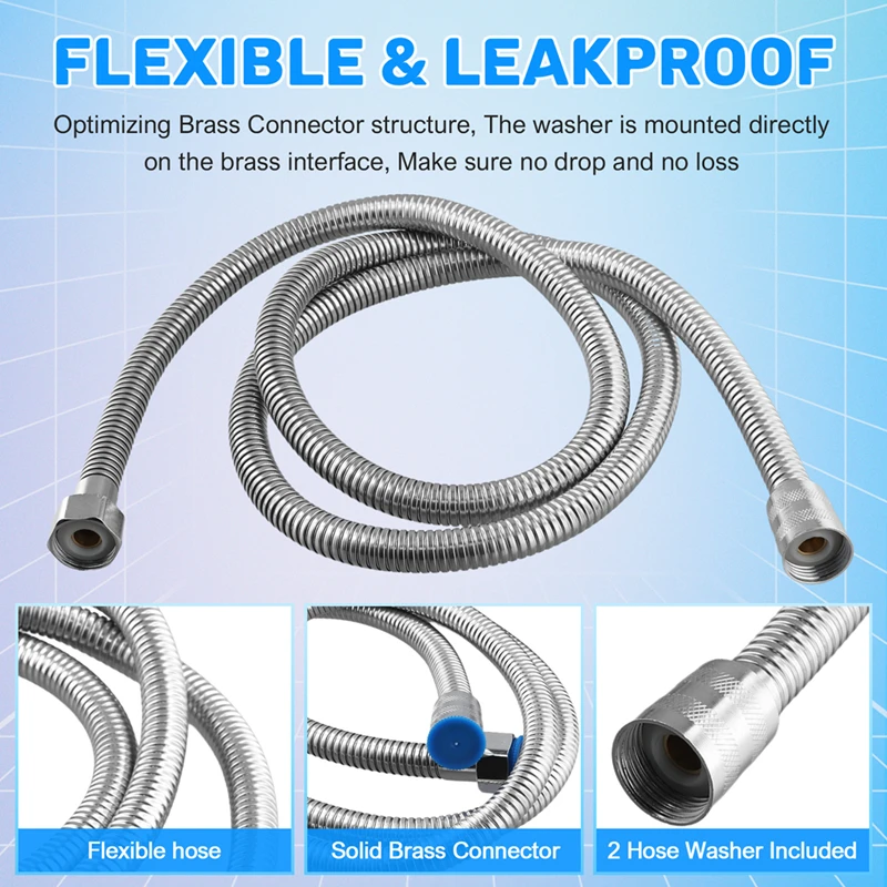 1.5M Shower Head Hose Stainless Steel Silver Tube Pipe Anti-Winding Flexible Bathroom Faucet Tap Accessories 2PCS