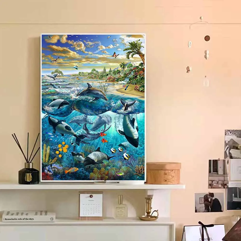 Animal 5D Diy Diamond Painting Dolphin And Fish Cross Stitch Kit Horse Underwater Landscape Mosaic Pixel Art Picture Home Decor